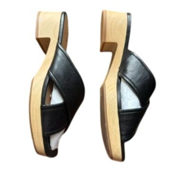Nordstrom Rack Black Leather Crisscross Open-Toe Slip-On Sandals With Wooden Blo - Picture 6 of 10